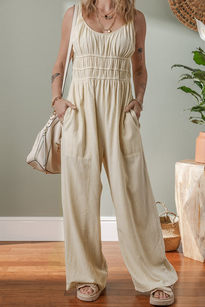 Beige Sleeveless Wide Leg Jumpsuit with Ruched High Waist Design