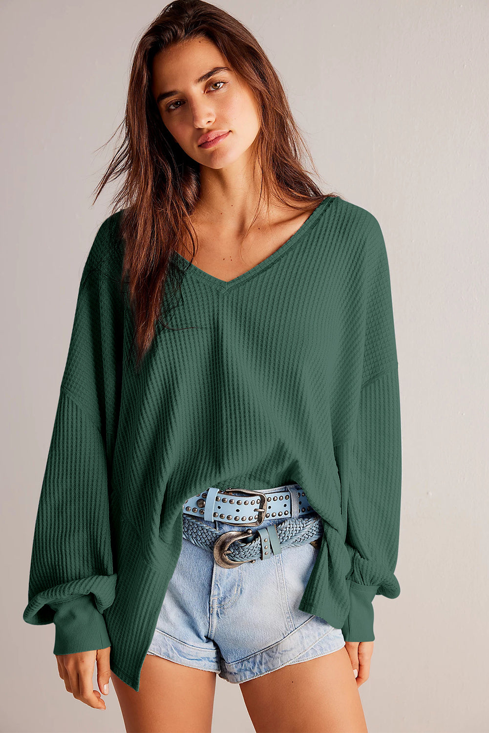 Chic blackish green waffle knit V-neck long sleeve blouse with drop shoulders