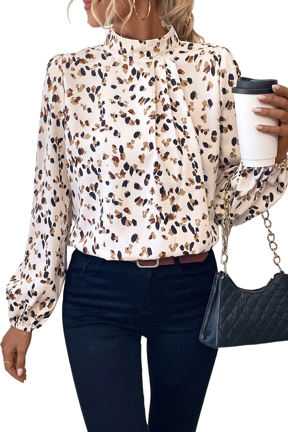 White Leopard Print Puff Sleeve Mock Neck Pleated Blouse Divine Design4U
