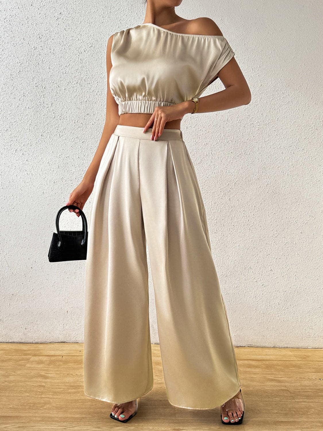 One Shoulder Short Sleeve Top and Wide Leg Pants Set.