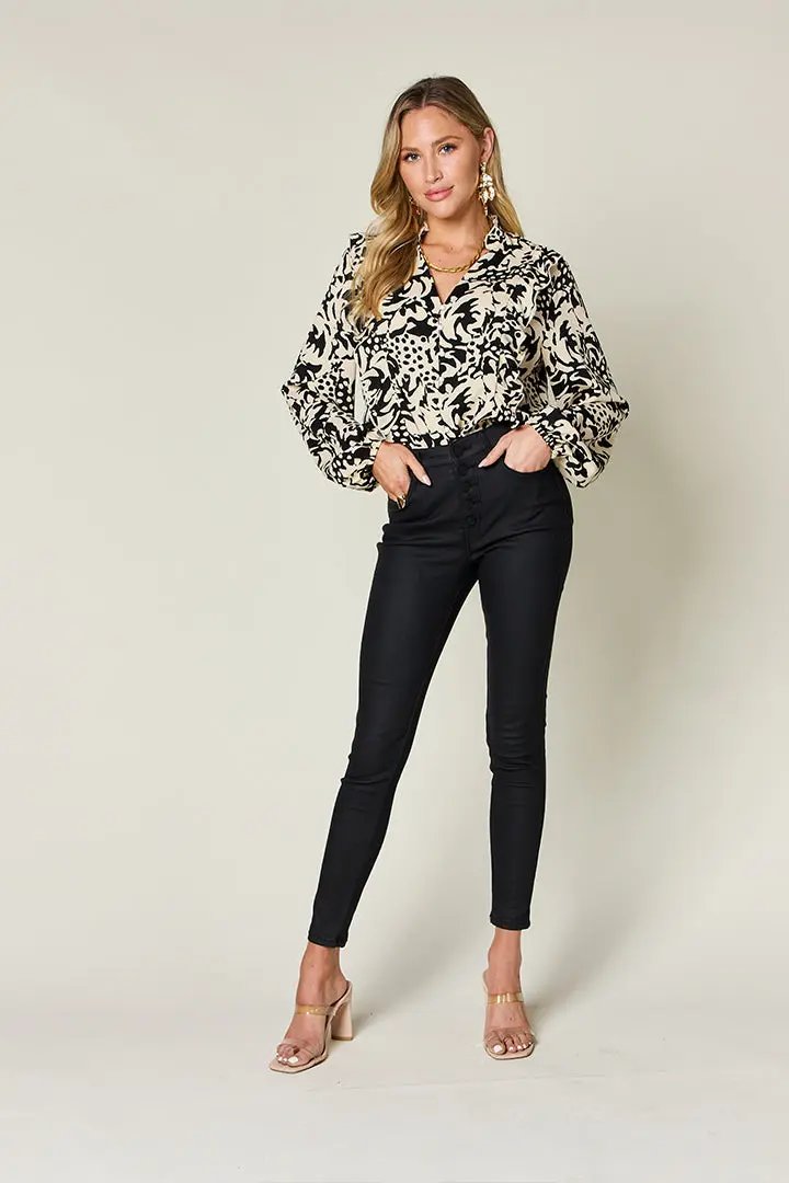 Double Take Full Size Printed Ruffle Trim Balloon Sleeve Shirt - Love Salve