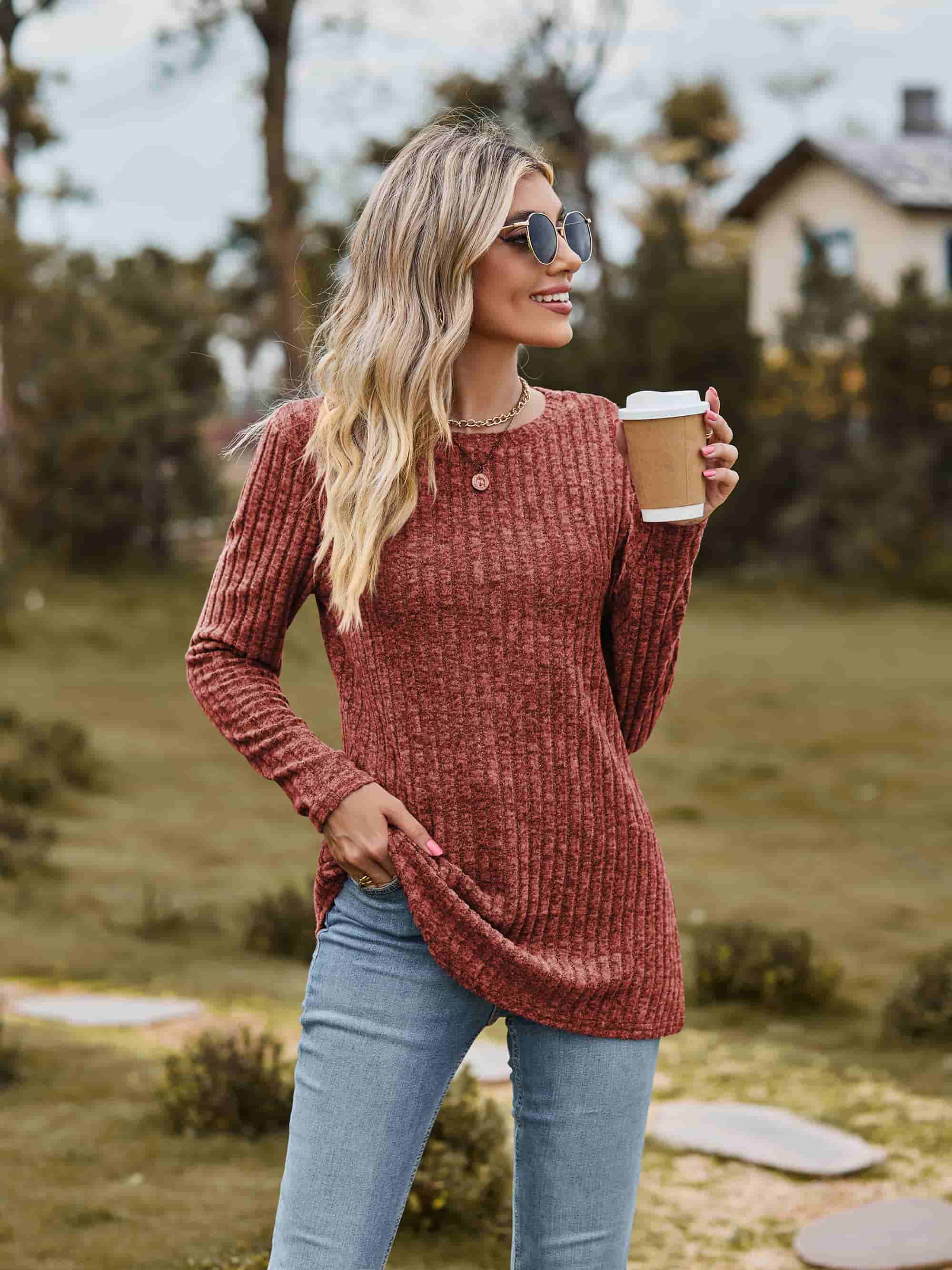 Ribbed Round Neck Long Sleeve Tee Coco’s Tee Boutique