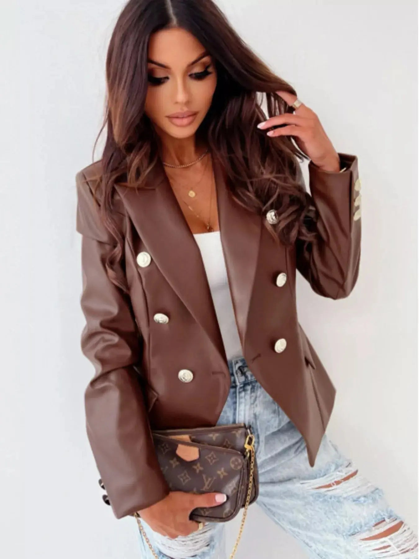 Brown Double Breasted Lapel Collar Leather Blazer For Women Simply Love