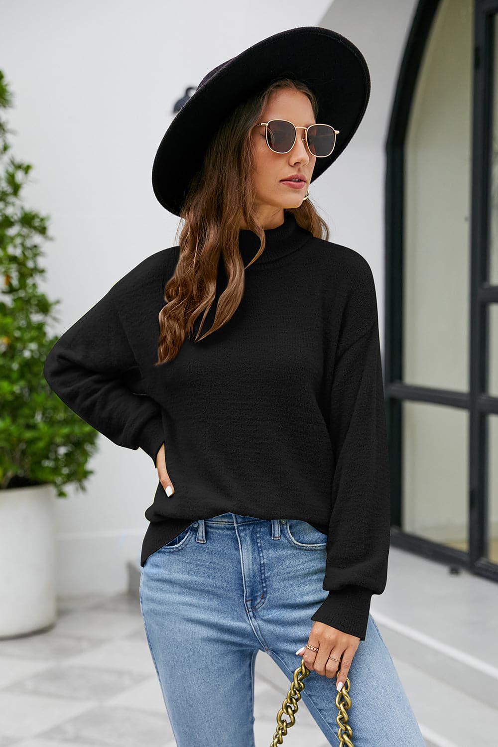 Mock Neck Dropped Shoulder Long Sleeve Sweater.