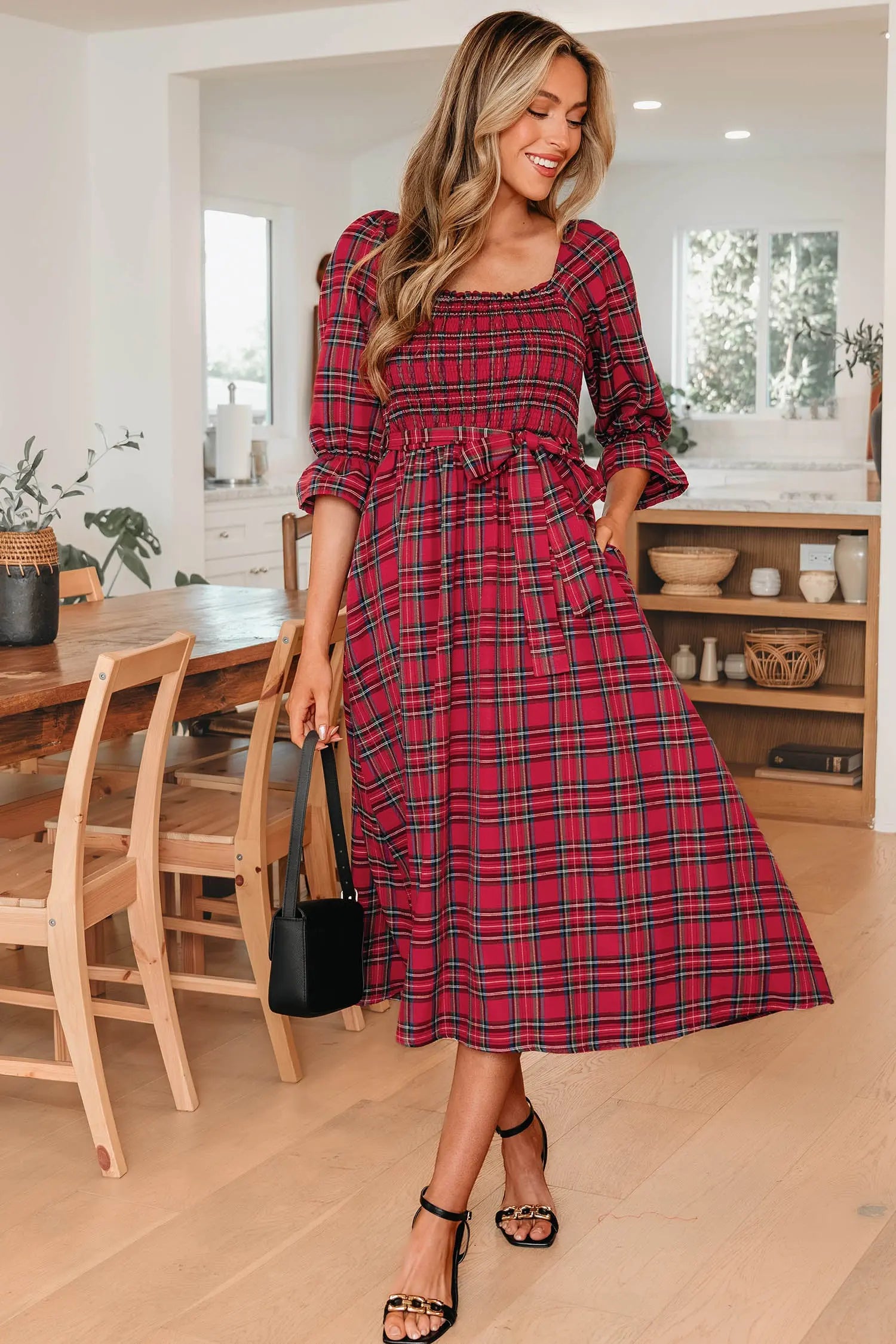 Red Tartan Plaid Square Neck Puff Sleeve Knot Waist Flared Midi Dress Dear-Lover Dropshipping