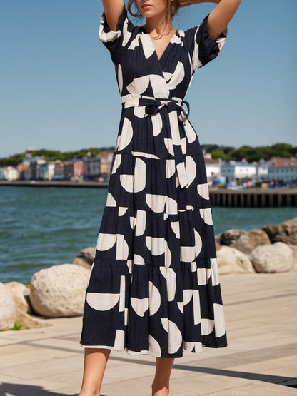 Tied Slit Printed Half Sleeve Midi Dress.