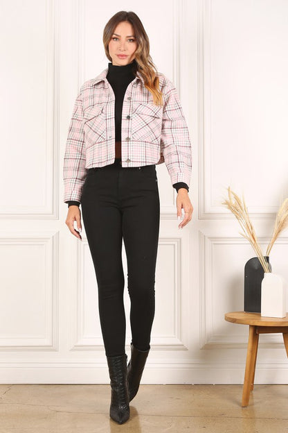 Chic plaid cropped jacket with shirt collar