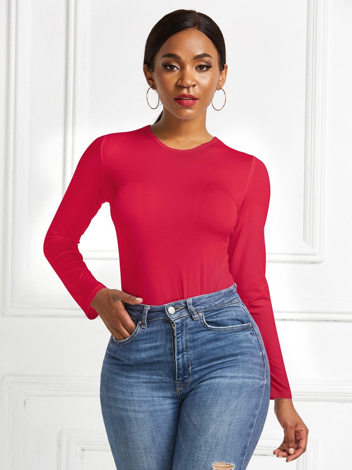 Round Neck Long Sleeve Bodysuit.