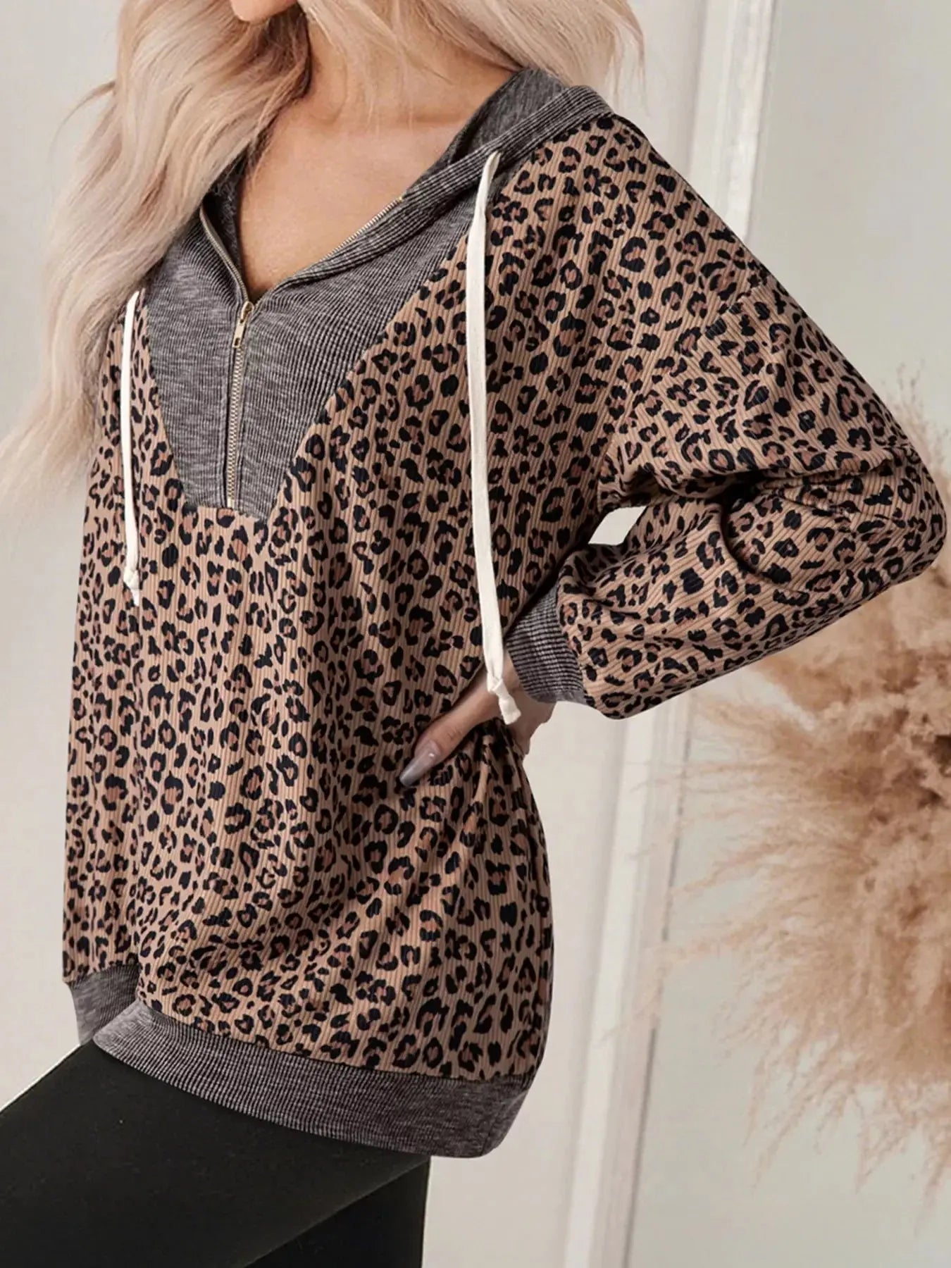 Ribbed Leopard Print Contrast Collar Zip Hoodie Simply Love