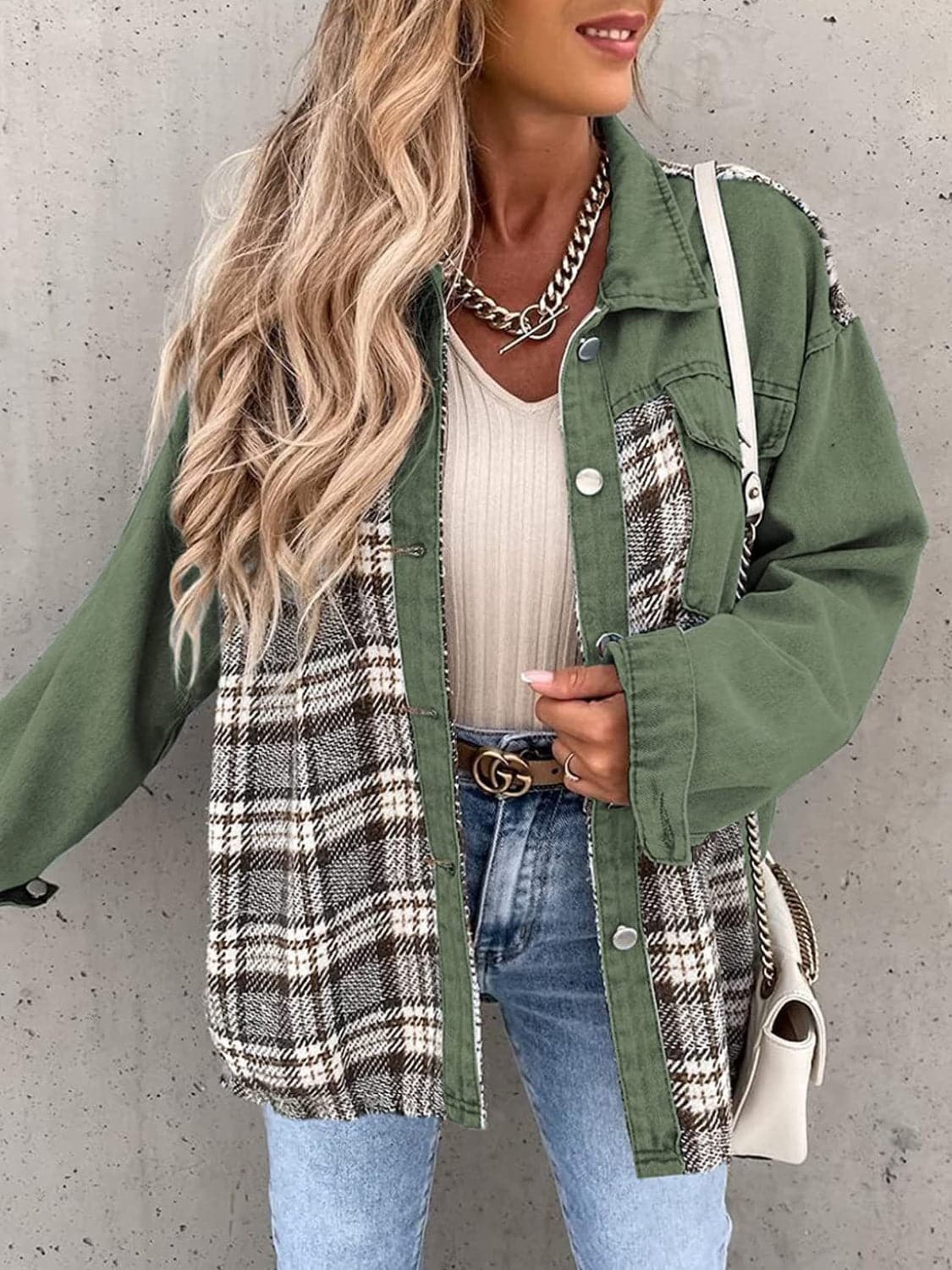 Plaid Button Up Dropped Shoulder Jacket.