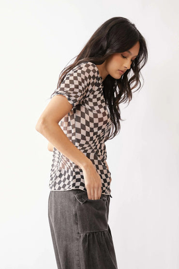 Davi & Dani Checker Board Printed Mesh Short Sleeve Top - Love Salve 