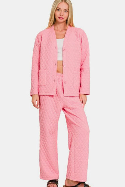 Cozy Quilted Button-Up Lounge Set with Long Sleeve Top and Pants