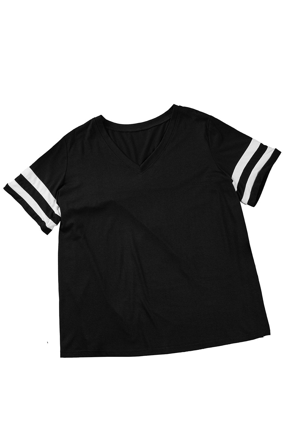 Chic black plus size V-neck tee with striped sleeves