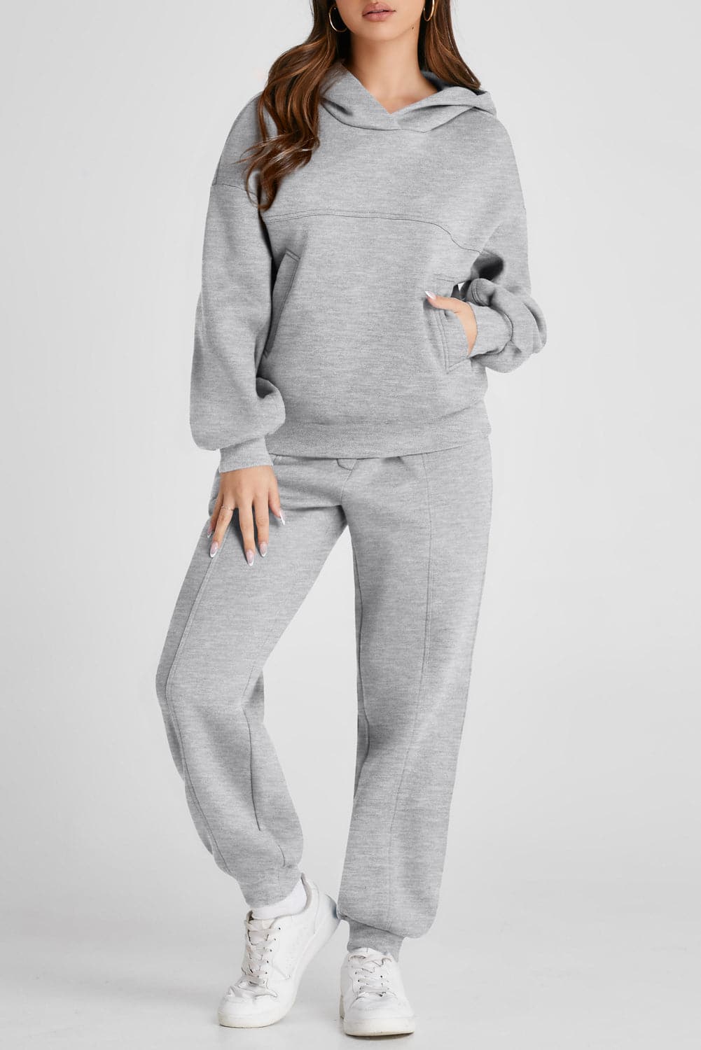 Dropped Shoulder Long Sleeve Hoodie and Pants Active Set.