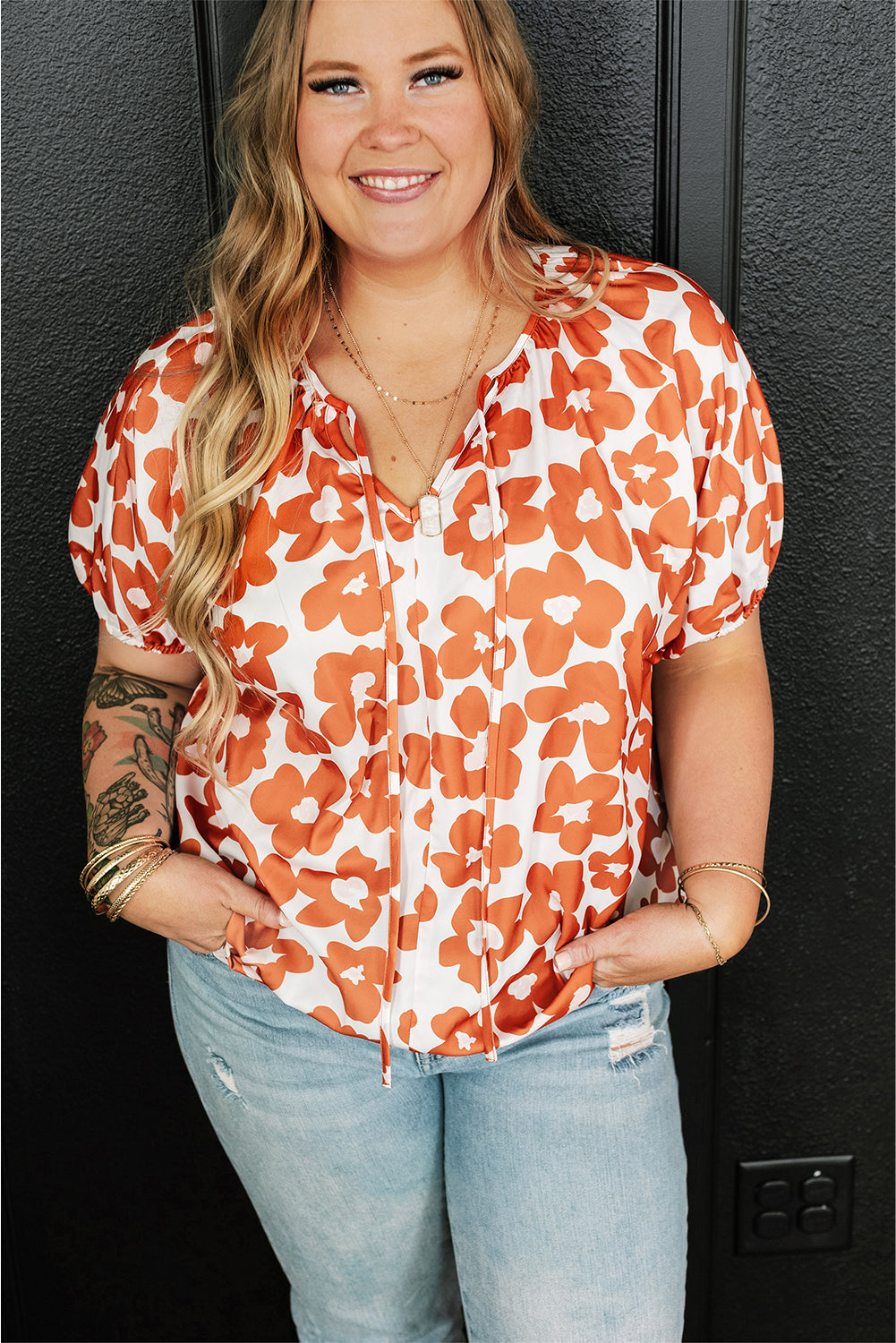 Floral Delight: Plus Size Orange V Neck Blouse with Drawstring Detail