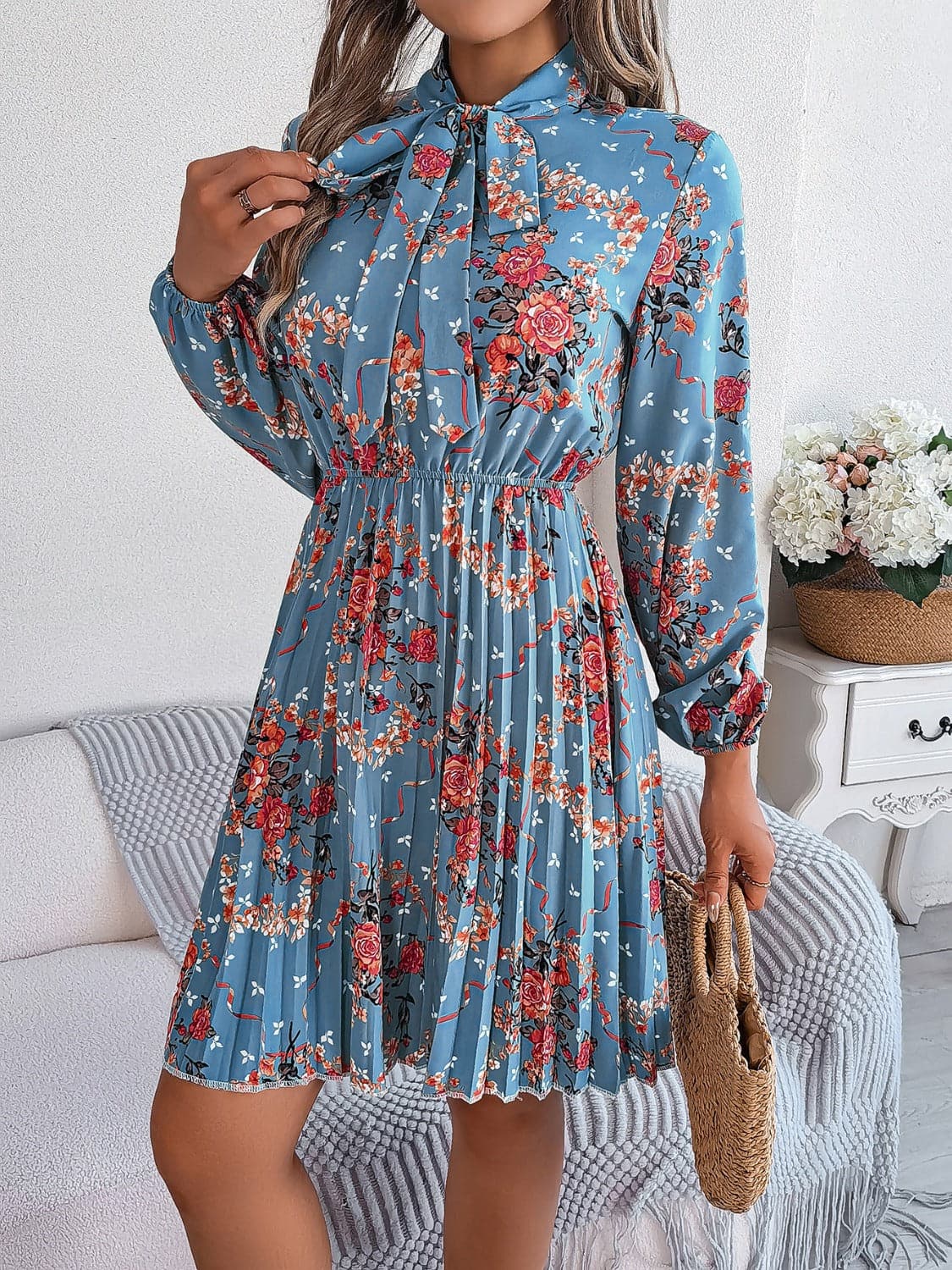 Pleated Printed Tie Neck Long Sleeve Dress.