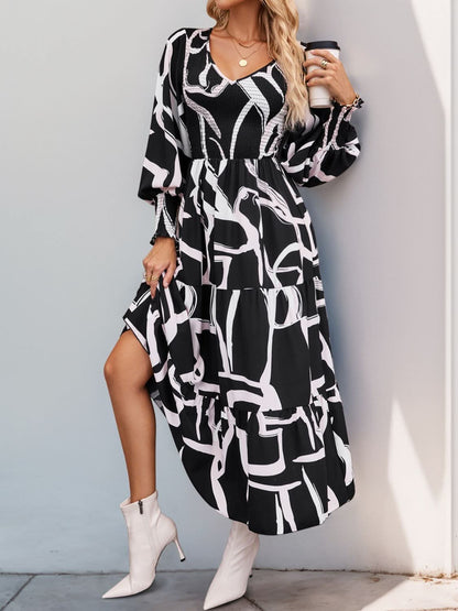 Perfee Smocked Printed Long Sleeve Midi Dress Elegance