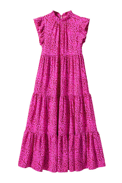 Fierce elegance: Rose red leopard print tiered maxi dress with ruffles