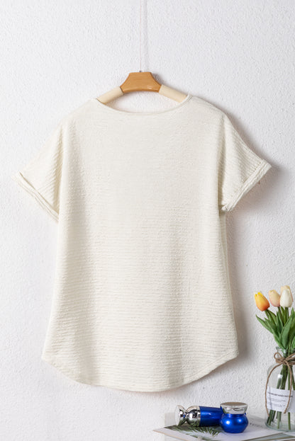 Chic pale khaki textured v-neck t-shirt with wide sleeves