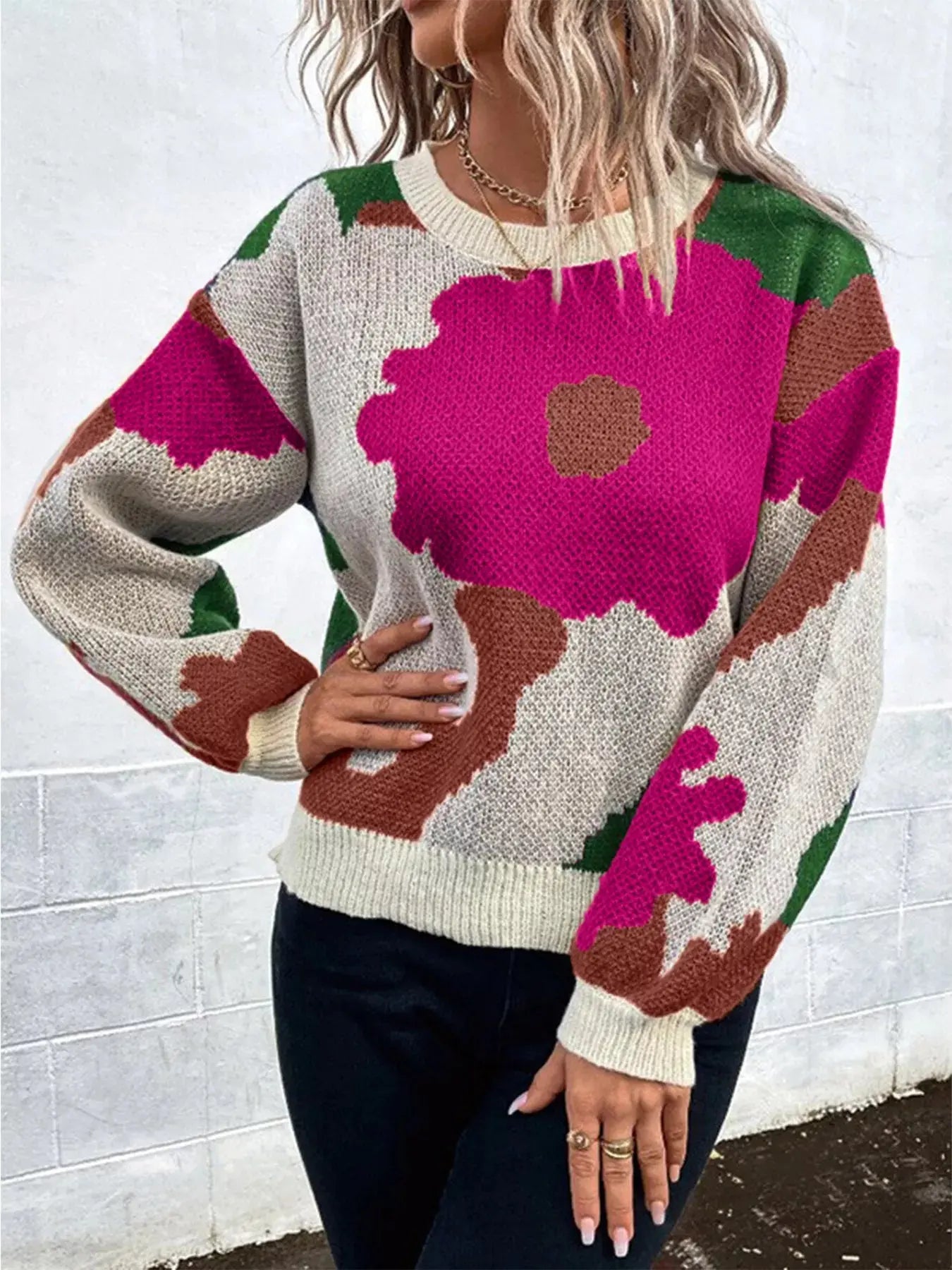 Floral Pattern Round Neck Sweater Simply Love