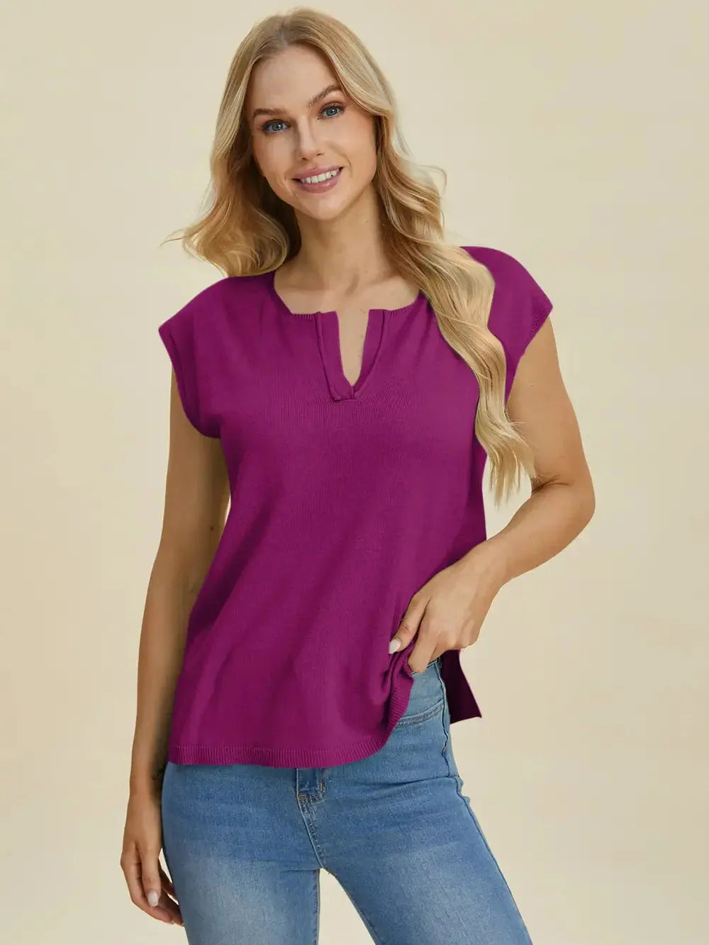 Double Take Full Size Notched Cap Sleeve Knit Top - Love Salve