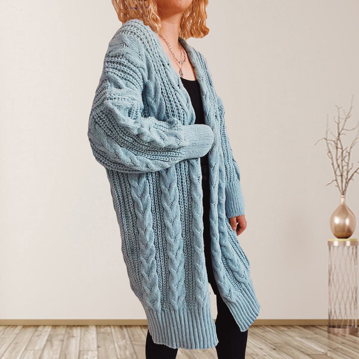 Cable-Knit Open Front Dropped Shoulder Cardigan.