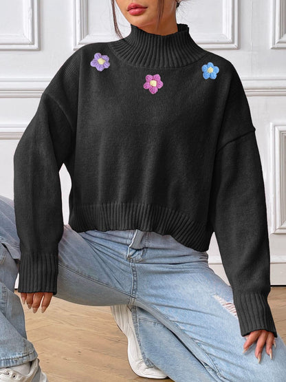 Floral elegance turtleneck long sleeve sweater