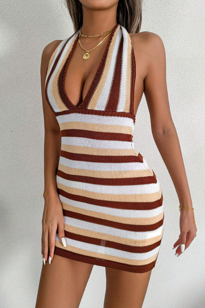 Striped Halter Neck Backless Knit Mini Dress.