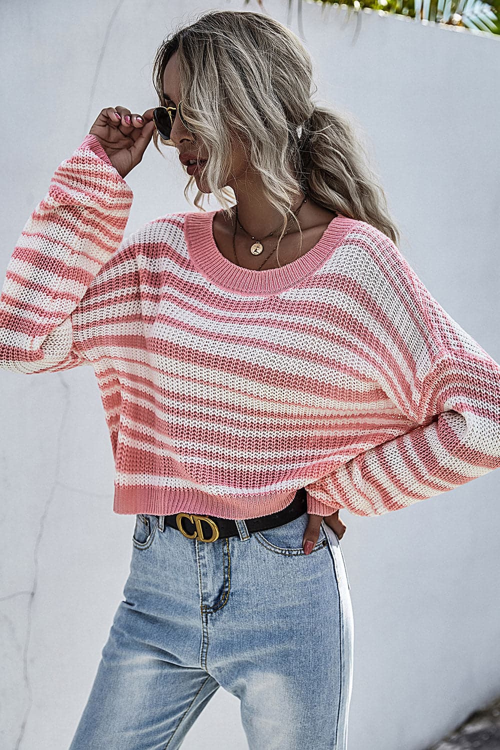 Striped Round Neck Dropped Shoulder Sweater.