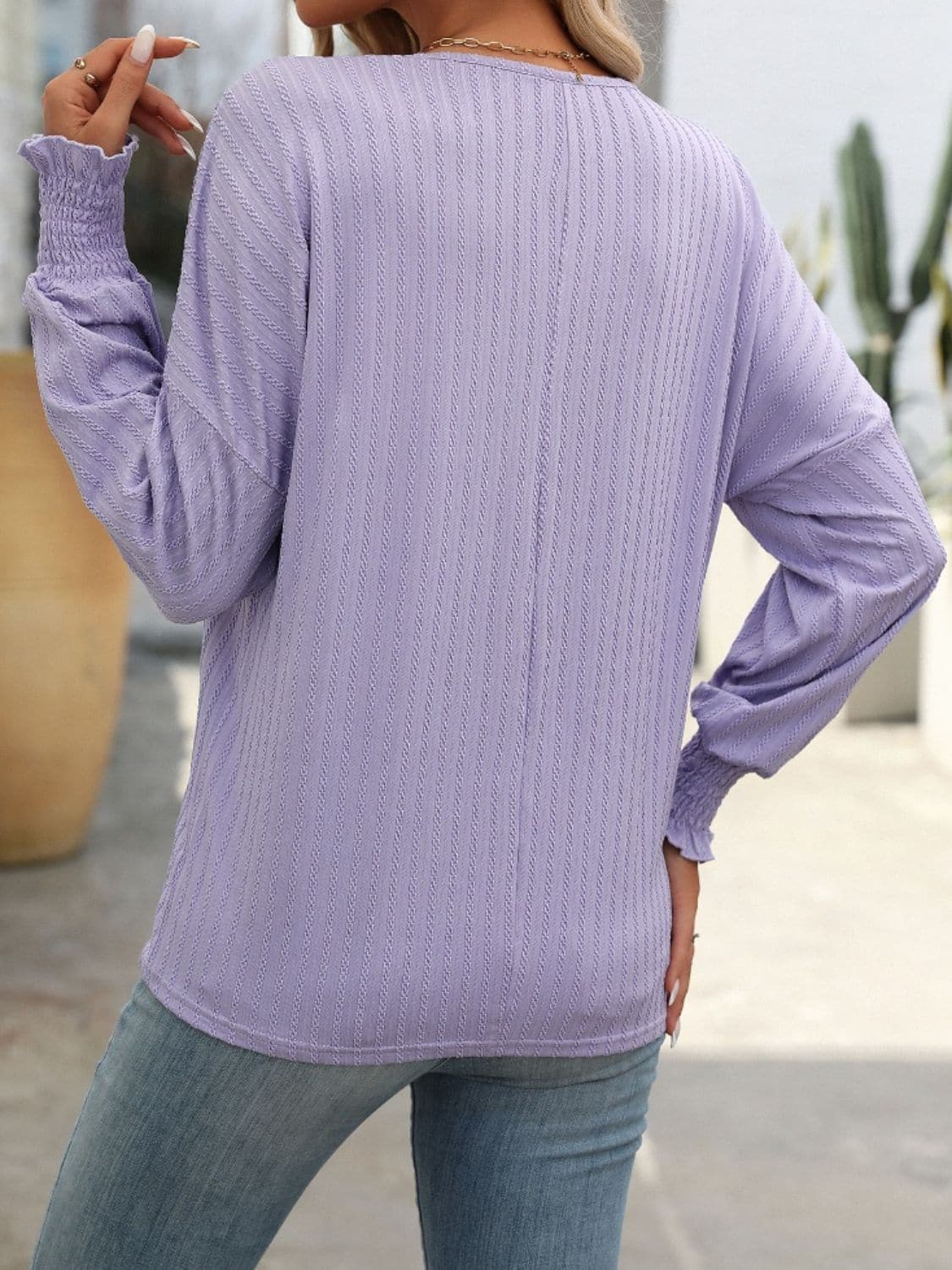 Textured Notched Lantern Sleeve T-Shirt.