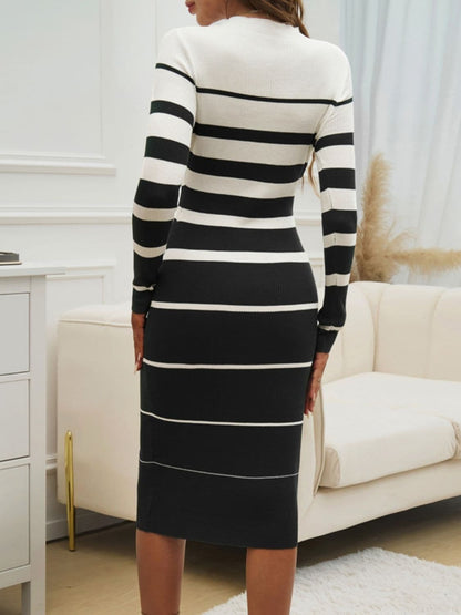 Color Block Round Neck Long Sleeve Midi Dress.