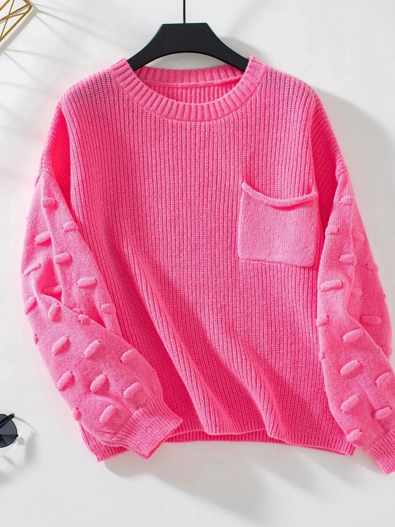 Pocket Detail Round Neck Sweater Simply Love