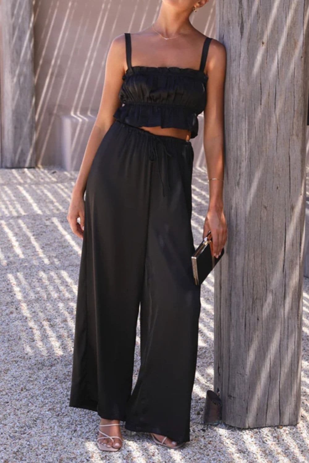 Ruffled Sleeveless Top and Wide Leg Pants Set.