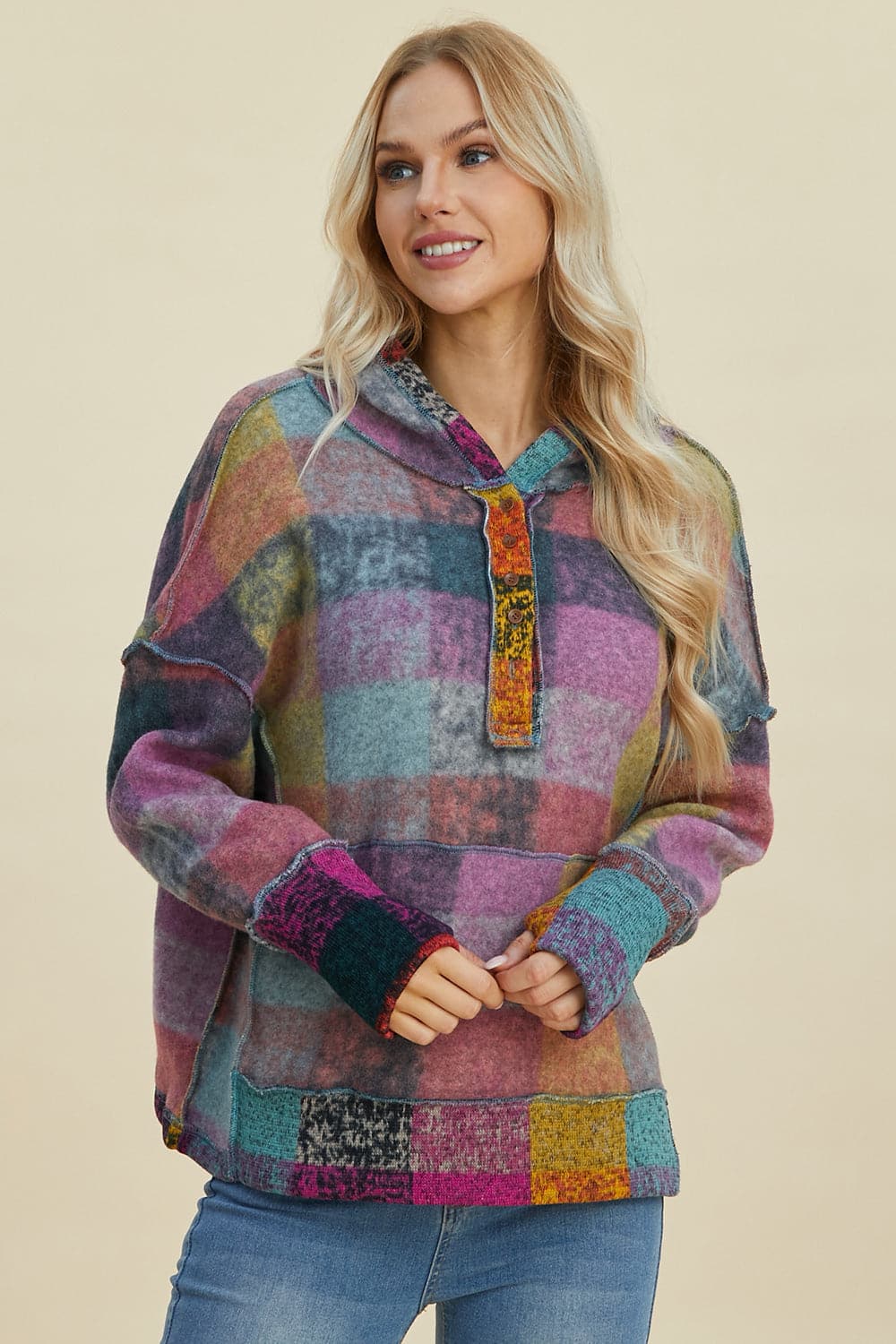 Double Take Full Size Plaid Dropped Shoulder Hoodie.