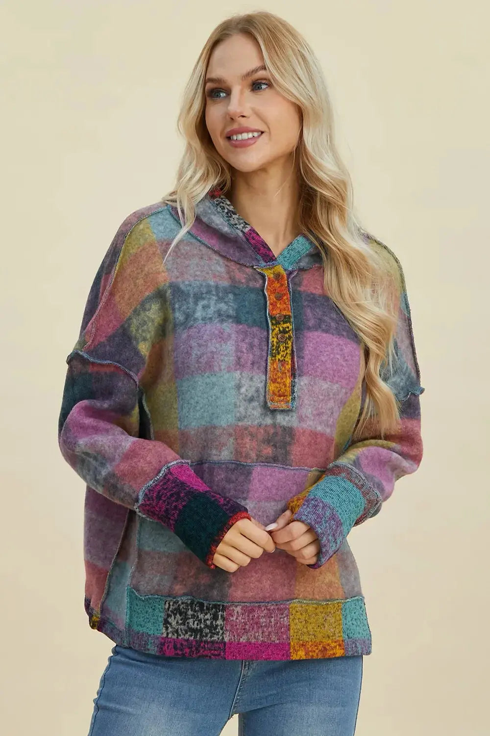 Double Take Full Size Plaid Dropped Shoulder Fleece Hoodie - Love Salve