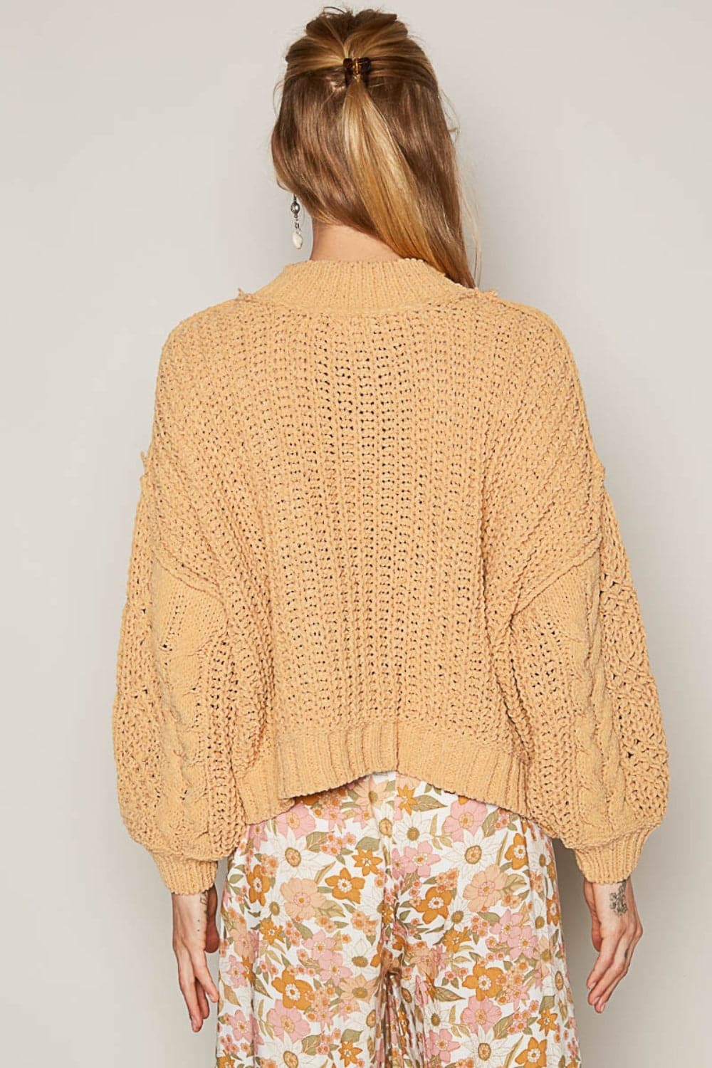 Cozy chenille mock neck cable-knit sweater