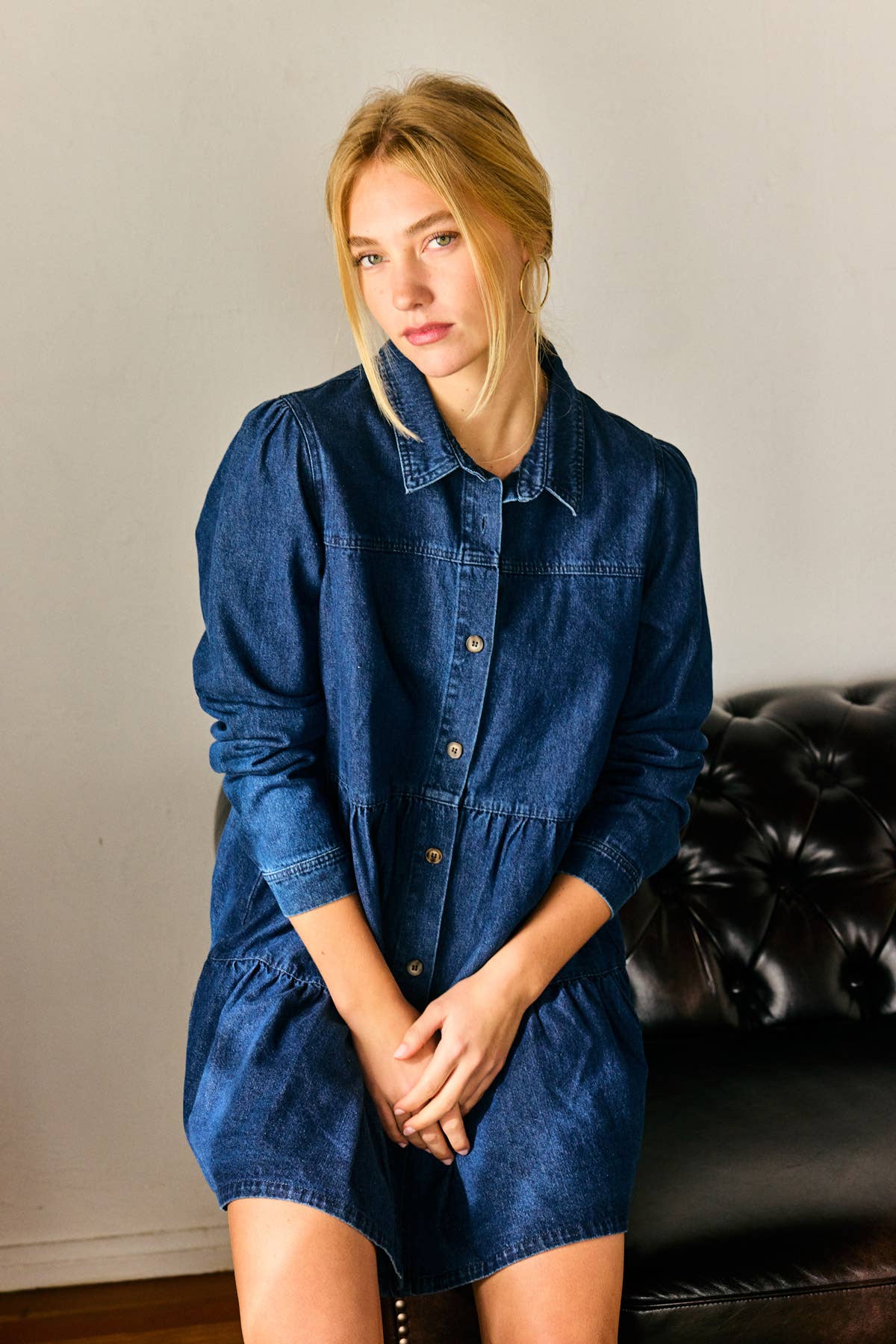 Effortless Button Down Babydoll Ruffle Denim Dress Chic Fitkitty Culture Athleisure Wear, Yoga Wear & Women's Clothing
