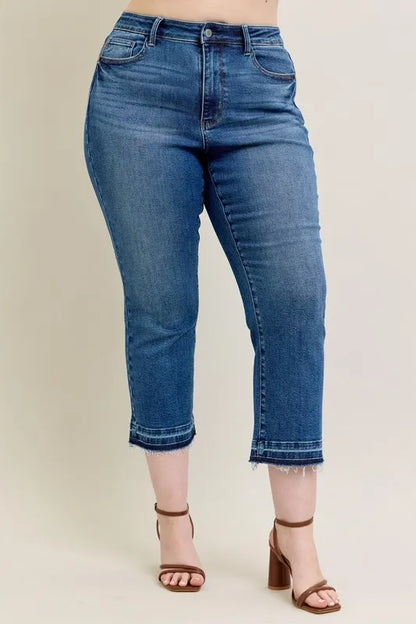 Judy Blue Full Size High Waist Vintage Wash Release Hem Kick Flare Jeans Plus Size - Love Salve 