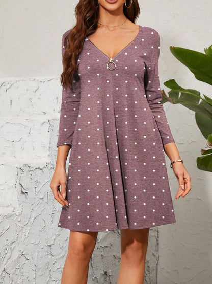 Polka Dot Quarter Zip Long Sleeve Dress.