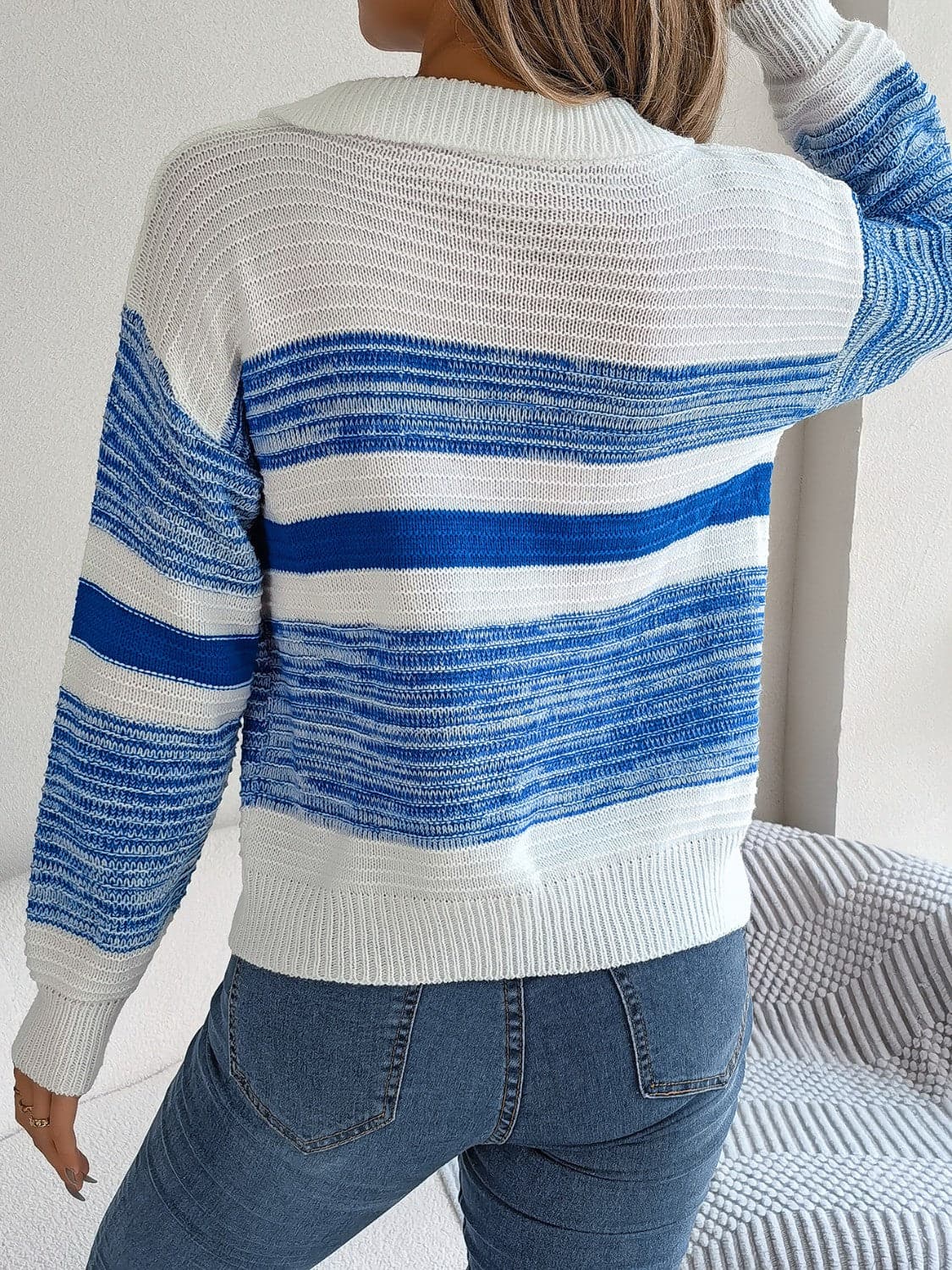 Striped Collared Neck Long Sleeve Sweater.