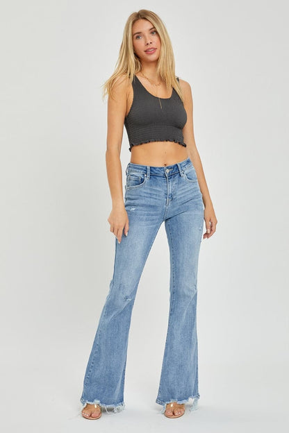 Risen Full Size High Rise Frayed Hem Flare Jeans.