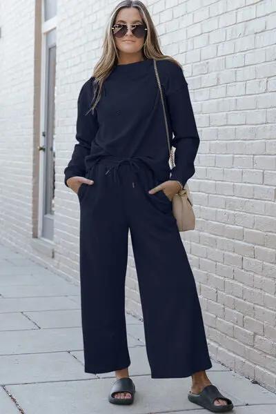 Double Take Full Size Textured Long Sleeve Top and Drawstring Pants Set - Love Salve