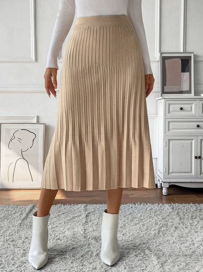 Perfee Pleated Midi Sweater Skirt in beige with stretch, basic style, viscose blend.