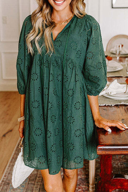 Blackish Green Embroidered Eyelet Swing Dress Puffy Sleeves