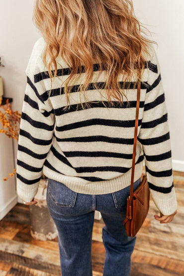 Striped Collared Neck Long Sleeve Sweater.