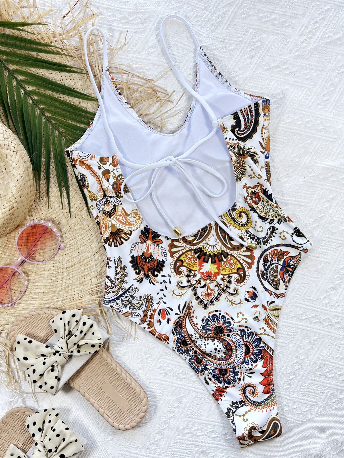 Printed Tie Back Scoop Neck One-Piece Swimsuit.