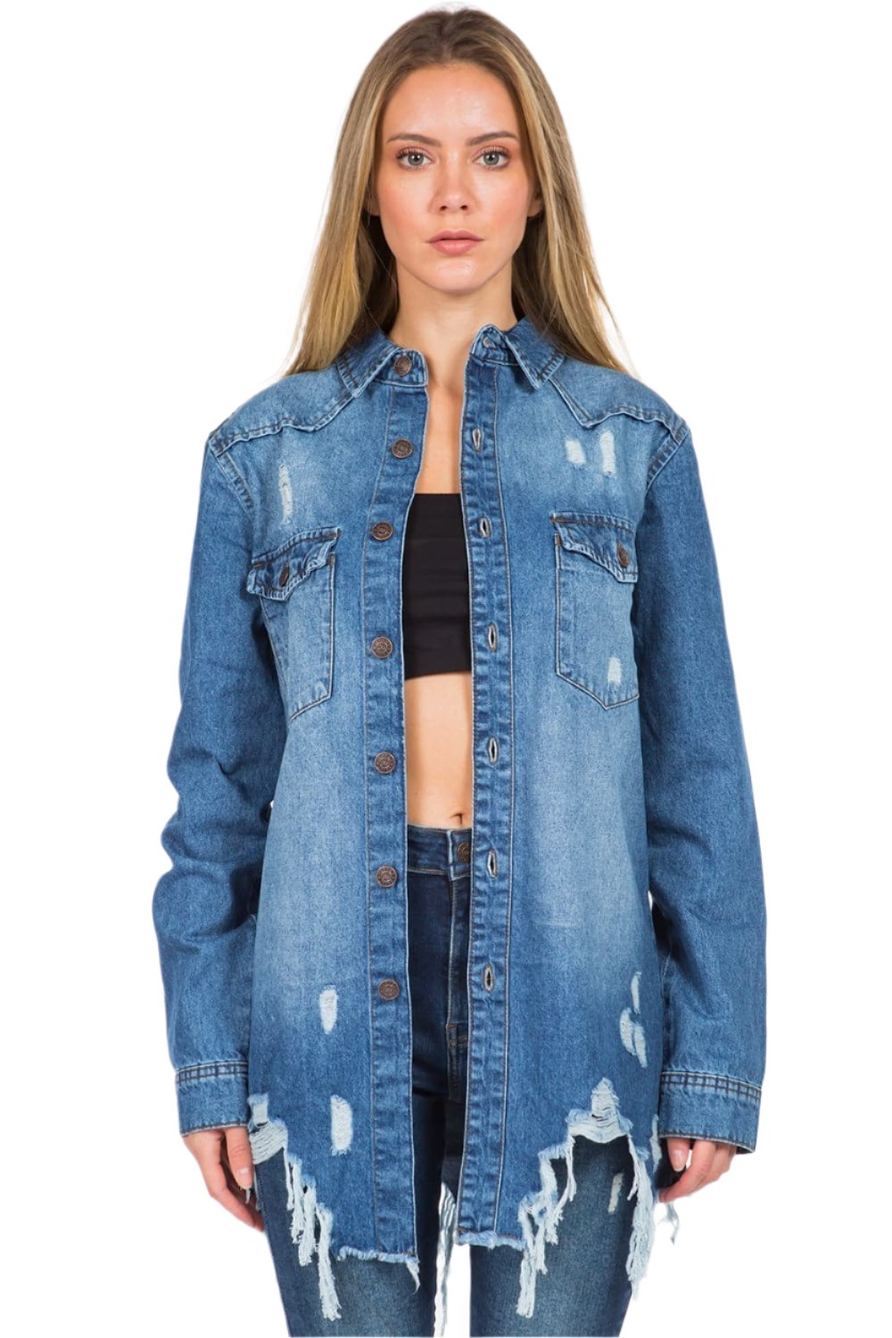 Chic urban distressed denim jacket with frayed hem