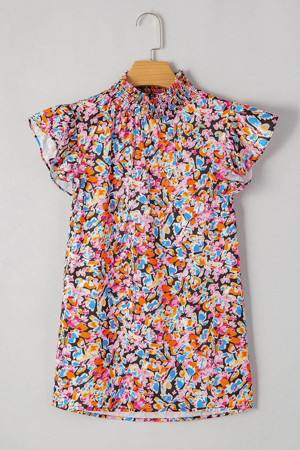 Bright Bloom Ruffle Neck Flutter Sleeve Blouse