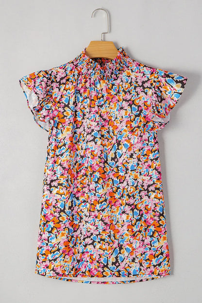 Bright Bloom Ruffle Neck Flutter Sleeve Blouse