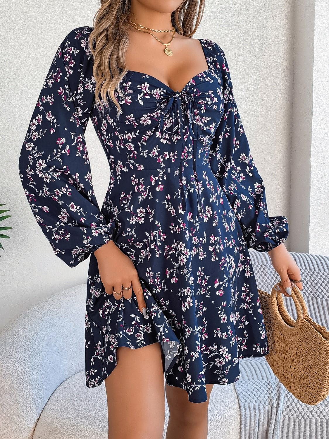 Printed Sweetheart Neck Balloon Sleeve Mini Dress.